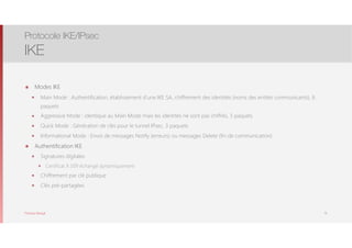 Thomas Moegli
๏ Modes IKE
๏ Main Mode : Authentification, établissement d’une IKE SA, chiffrement des identités (noms des entités communicants), 6
paquets
๏ Aggressive Mode : identique au Main Mode mais les identités ne sont pas chiffrés, 3 paquets
๏ Quick Mode : Génération de clés pour le tunnel IPsec, 3 paquets
๏ Informational Mode : Envoi de messages Notify (erreurs) ou messages Delete (fin de communication)
๏ Authentification IKE
๏ Signatures digitales
๏ Certificat X.509 échangé dynamiquement
๏ Chiffrement par clé publique
๏ Clés pré-partagées
Protocole IKE/IPsec
IKE
13
 