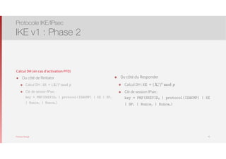 Thomas Moegli
Calcul DH (en cas d’activation PFD)
๏ Du côté de l’Initiator
๏ Calcul DH : KE = (Xb’)a
mod p
๏ Clé de session IPsec :  
key = PRF(SKEYIDd | protocol(ISAKMP) | KE | SPi
| Noncei | Noncer)
Protocole IKE/IPsec
IKE v1 : Phase 2
42
๏ Du côté du Responder
๏ Calcul DH : KE = (Xa’)b
mod p
๏ Clé de session IPsec :  
key = PRF(SKEYIDd | protocol(ISAKMP) | KE
| SPi | Noncei | Noncer)
 