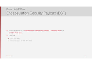 Thomas Moegli
๏ Protocole permettant la confidentialité, l’intégrité des données, l’authentification et le  
contrôle d’anti-rejeu
๏ Défini par
๏ 2005 : RFC 4305
๏ Version d’origine de 1998 (RFC 2406)
Protocole IKE/IPsec
Encapsulation Security Payload (ESP)
65
 