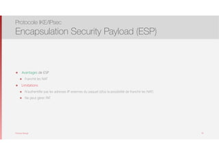 Thomas Moegli
๏ Avantages de ESP
๏ Franchit les NAT
๏ Limitations
๏ N’authentifie pas les adresses IP externes du paquet (d’où la possibilité de franchir les NAT)
๏ Ne peut gérer PAT
Protocole IKE/IPsec
Encapsulation Security Payload (ESP)
70
 