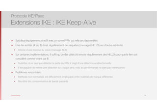 Thomas Moegli
๏ Soit deux équipements A et B avec un tunnel VPN qui relie ces deux entités
๏ Une des entités (A ou B) émet régulièrement des requêtes (messages HELLO) vers l’autre extrémité
๏ Attente d’une réponse du voisin (message ACK)
๏ Sur certaines implémentations, il suffit qu’un des côtés (A) envoie régulièrement des HELLO pour que le lien soit
considéré comme vivant par B
๏ Toutefois, A ne peut pas détecter la perte du VPN, il s’agit d’une détection unidirectionnelle
๏ Il est possible de mettre une détection sur chaque sens, mais les performances ne sont pas intéressantes
๏ Problèmes rencontrées
๏ Méthode non normalisée, est difficilement employable entre matériels de marque différentes
๏ Peut être très consommatrice de bande passante
Protocole IKE/IPsec
Extensions IKE : IKE Keep-Alive
74
 