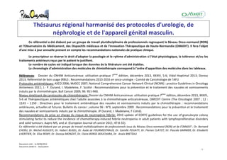 Document créé : le 03/06/2014
Document validé le : 10/12/2014
- 1 -
Thésaurus régional harmonisé des protocoles d'urologie, de
néphrologie et de l'appareil génital masculin.
Ce référentiel a été élaboré par un groupe de travail pluridisciplinaire de professionnels regroupant le Réseau Onco-normand (RON)
et l'Observatoire du Médicament, des Dispositifs médicaux et de l'Innovation Thérapeutique de Haute-Normandie (OMéDIT). Il fera l'objet
d'une mise à jour annuelle prenant en compte les recommandations nationales de pratique clinique.
Le prescripteur se réserve le droit d'adapter la posologie et le rythme d'administration si l'état physiologique, la tolérance et/ou les
traitements antérieurs reçus par le patient le justifient.
Le nombre de cycles est indiqué lorsque des données de la littérature ont été établies.
La chronologie d'administration des molécules de chimiothérapie correspond à l'ordre d'apparition des molécules dans les tableaux.
Références: Dossier du CNHIM Anticancéreux: utilisation pratique 7ème
édition, décembre 2013, XXXIV, 5-6; Vidal Hoptimal 2013; Dorosz
2013; Référentiel de bon usage (RBU) ; Recommandations 2013-2016 en onco-urologie - Comité de Cancérologie de l'AFU
Protocoles antiémétiques: ASCO 2006; MASCC 2007; National Comprehensive Cancer Network Clinical (NCNN) : practice Guidelines in Oncology
Antiemesis 2011; J.- P. Durand, I. Madeleine, F. Scotté : Recommandations pour la prévention et le traitement des nausées et vomissements
induits par la chimiothérapie, Bull Cancer 2009, 96: 951-960.
Niveau émétisant des protocoles de chimiothérapie: Dossier du CNHIM Anticancéreux: utilisation pratique 7ème
édition, décembre 2013, XXXIV,
5-6 et Thérapeutiques antiémétiques chez l'adulte associées à la chimiothérapie anticancéreuse, OMEDIT Centre (The Oncologist 2007 ; 12 :
1143 – 1150 : Directives pour le traitement antiémétique des nausées et vomissements induits par la chimiothérapie : recommandations
antérieures, actuelles et futures. Bulletin du cancer ; volume 96 : N°9, septembre 2009 : Recommandations pour la prévention et le traitement
des nausées et vomissements induits par la chimiothérapie. JP Durand, I. Madelaine, F Cotté).
Recommandations de prise en charge du risque de neutropénie fébrile: 2010 update of EORTC guidelines for the use of granulocyte colony
stimulating factor to reduce the incidence of chemotherapy-induced febrile neutropenia in adult patients with lymphoproliferative disorders
and solid tumours. Aapro MS, and al. (European Journal of cancer 2011; 47:8-32).
Ce référentiel a été élaboré par un groupe de travail multidisciplinaire de professionnels issus du Réseau Onco-normand (RON) et de l'OMéDIT : Dr. Bernard
CHERU, Dr. Michel AUGUSTI, Dr. Hubert BUGEL, Dr. Aude de FOURMESTRAUX, Dr. Camille POUATY, Dr. Florian CLATOT, Dr. Pascale GARNIER, Dr. Elisabeth
LHERITIER, Dr. Elise REMY, Dr. Doreya MONZAT, Dr. Claire BERGE-BOUCHARA, Dr. Anaïs BRETEAU
 