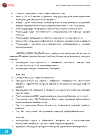 o Стандарт з інфекційного контролю за туберкульозом;
o Разом з ЦГЗ МОЗ України розроблено нову редакцію державних будівельних
норм (ДБН) для закладів охорони здоров’я;
o Анкета - Оцінка інфекційного контролю у лікувальному закладі (на основі WHO
Infection Prevention And Control Assessment Framework At The Facility Level);
o Рекомендації щодо попередження вентилятор-асоційованих пневмоній;
o Рекомендації щодо попередження катетер-асоційованих інфекцій сечової
системи;
o Рекомендації з попередження катетер-асоційованих інфекцій кровотоку;
o Керівництво з покращення інфекційного контролю у закладах охорони здоров’я;
o Рекомендації з контролю мультирезистентних мікроорганізмів у закладах
охорони здоров’я.
НАЙКРАЩІ СВІТОВІ ПРАКТИКИ: щодо профілактики, виявлення, діагностики та
лікування ТБ на рівні первинної медико -санітарної допомоги, які можливо впровадити
в Україні;
o Рекомендації щодо тривалого та обмеженого повторного використання
респіраторів класу FFP2 в медичних установах;
o Рекомендації: використання хімічної дезінфекції.
2019 рік:
o Cтворено Коаліцію з інфекційної безпеки.
o Проведено більше 100 аудитів з подальшим впровадженням комплексних
програм з інфекційного контролю державних та приватних закладів охорони
здоров’я.
o Відпрацьовано та впроваджено програми інфекційного контролю для закладів
індустрії краси.
o Реалізовано проект ВООЗ щодо проведення тижня антибіотикорезистентності.
o Реалізовано проект ГФ (Глобального Фонду) щодо організації амбулаторного
лікування хворим на туберкульоз.
o Участь та проведення більше 50 конгресів, конференцій, семінарів, тренінгів,
вебінарів.
o Розробка та підготовка 7 методичних рекомендацій з інфекційної безпеки.
2020 рік:
o Інституалізація курсів з інфекційного контролю та соціально-важливих
інфекційних захворювань при військових конфліктах при УВМА.
o Відпрацювали заходи з інфекційного контролю на рівні великих підприємств
15
NEGIS. National expert group on infection control
 