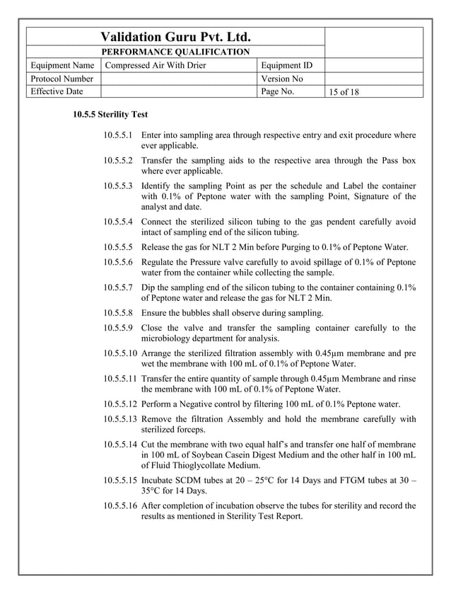 Protocol for compressed air validation