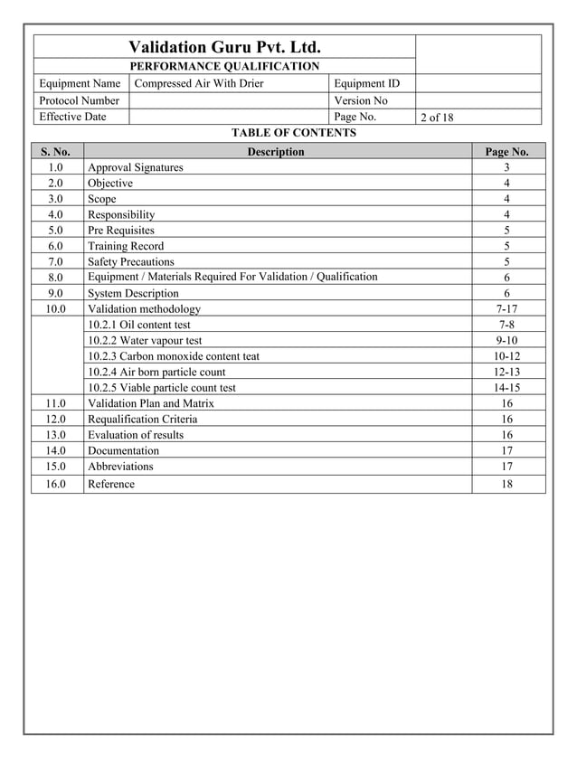 Protocol for compressed air validation