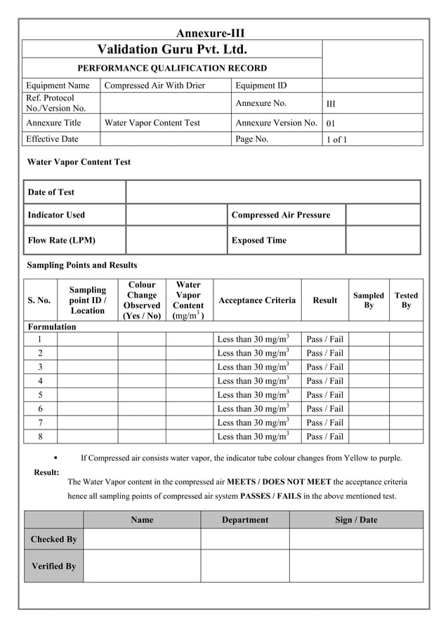 Protocol for compressed air validation