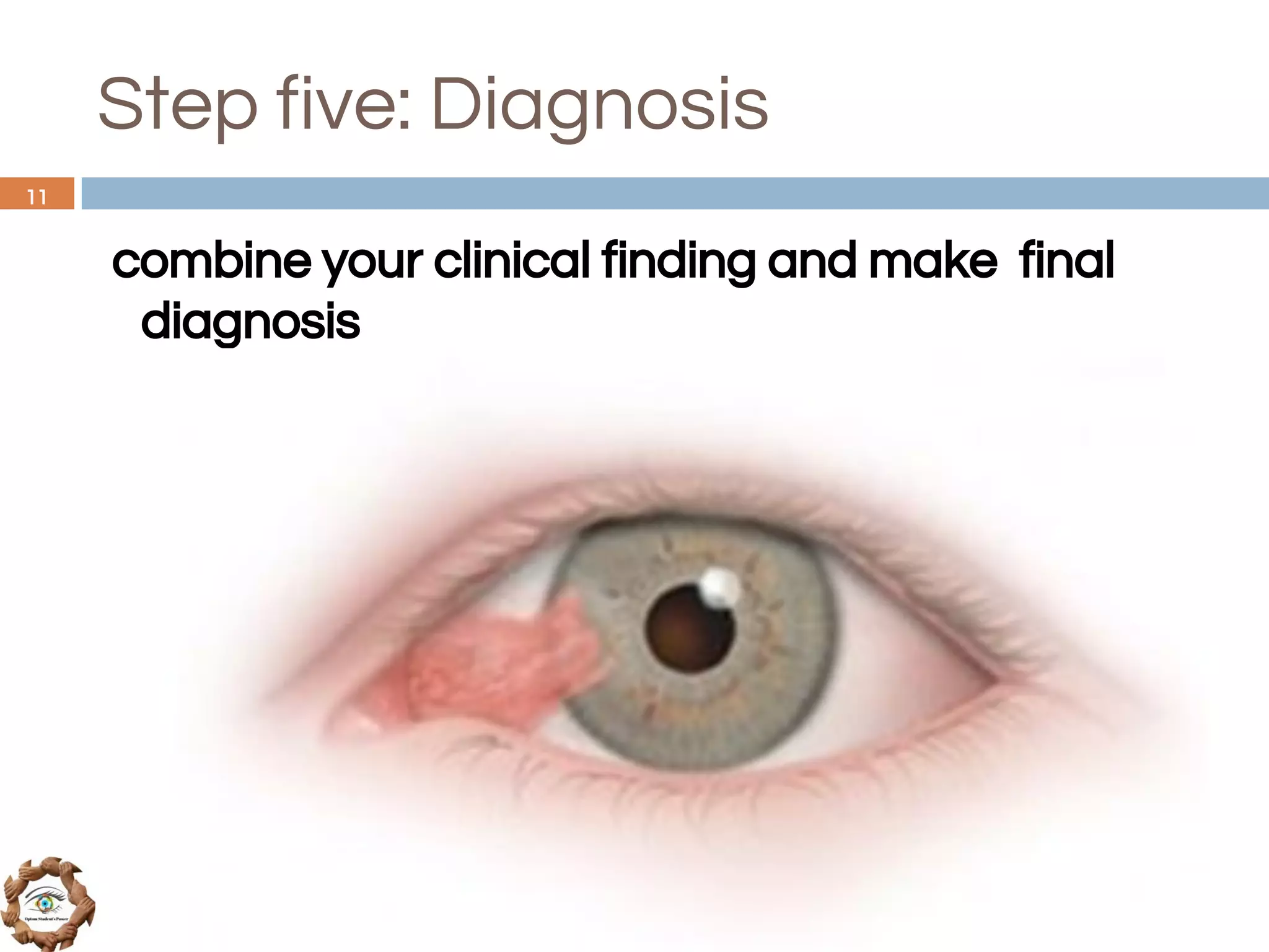 Step five: Diagnosis
combine your clinical finding and make final
diagnosis
11
 