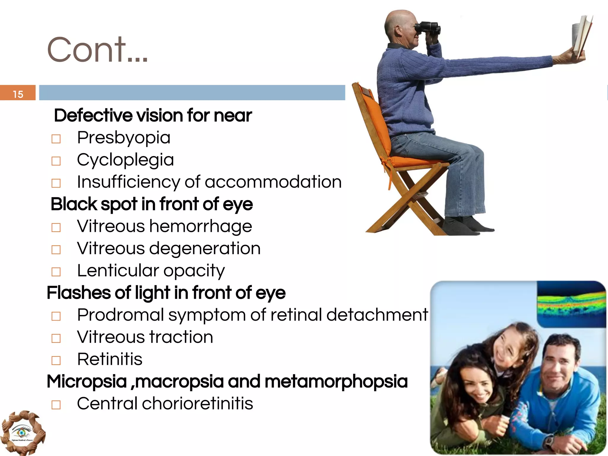 Cont...
Defective vision for near
◻ Presbyopia
◻ Cycloplegia
◻ Insufficiency of accommodation
Black spot in front of eye
◻ Vitreous hemorrhage
◻ Vitreous degeneration
◻ Lenticular opacity
Flashes of light in front of eye
◻ Prodromal symptom of retinal detachment
◻ Vitreous traction
◻ Retinitis
Micropsia ,macropsia and metamorphopsia
◻ Central chorioretinitis
15
 
