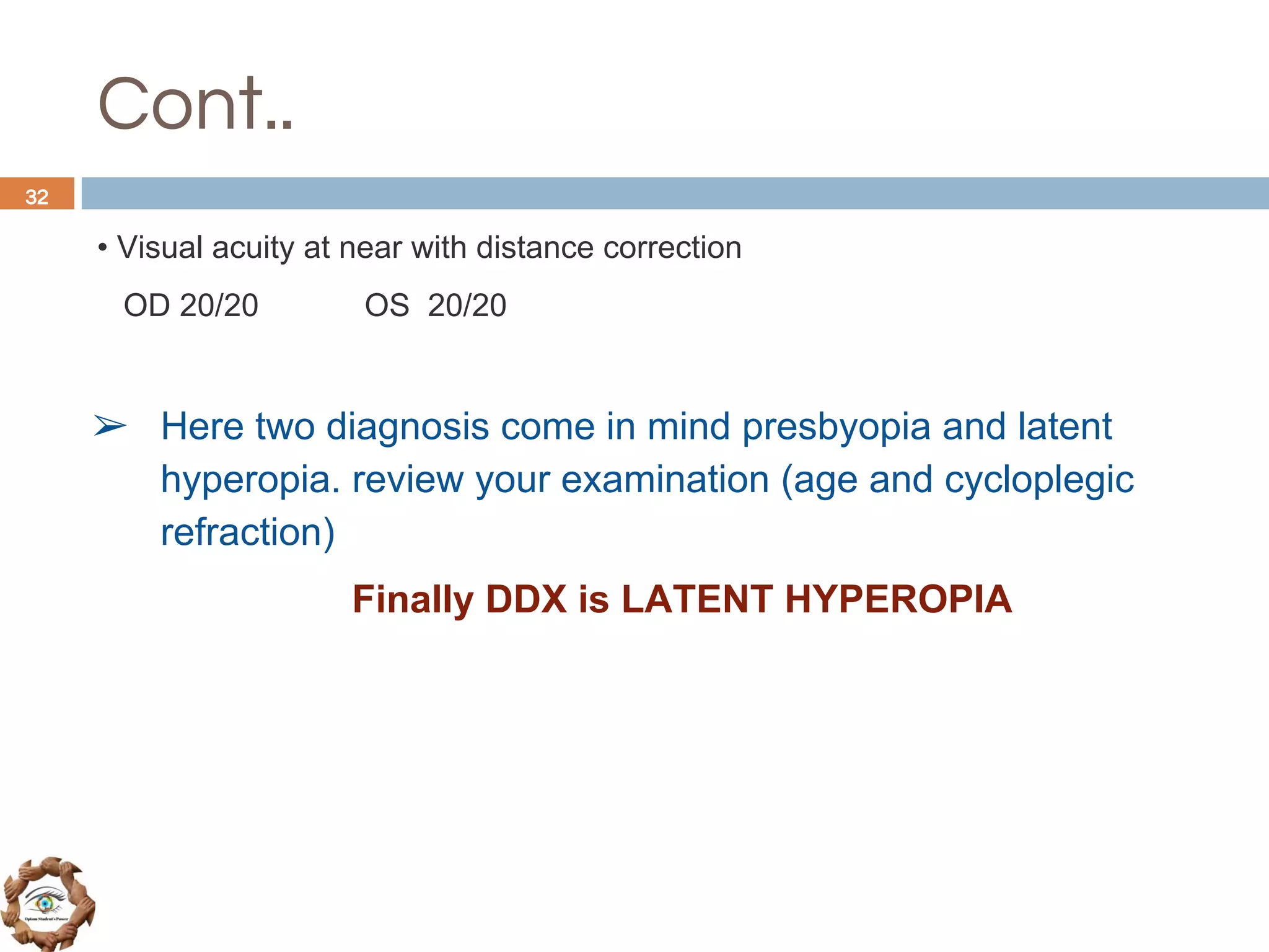 Cont..
• Visual acuity at near with distance correction
OD 20/20 OS 20/20
➢ Here two diagnosis come in mind presbyopia and latent
hyperopia. review your examination (age and cycloplegic
refraction)
Finally DDX is LATENT HYPEROPIA
32
 