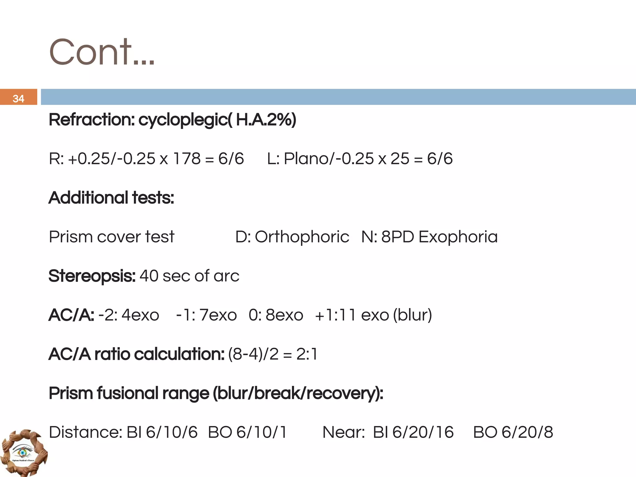 Cont...
Refraction: cycloplegic( H.A.2%)
R: +0.25/-0.25 x 178 = 6/6 L: Plano/-0.25 x 25 = 6/6
Additional tests:
Prism cover test D: Orthophoric N: 8PD Exophoria
Stereopsis: 40 sec of arc
AC/A: -2: 4exo -1: 7exo 0: 8exo +1:11 exo (blur)
AC/A ratio calculation: (8-4)/2 = 2:1
Prism fusional range (blur/break/recovery):
Distance: BI 6/10/6 BO 6/10/1 Near: BI 6/20/16 BO 6/20/8
34
 