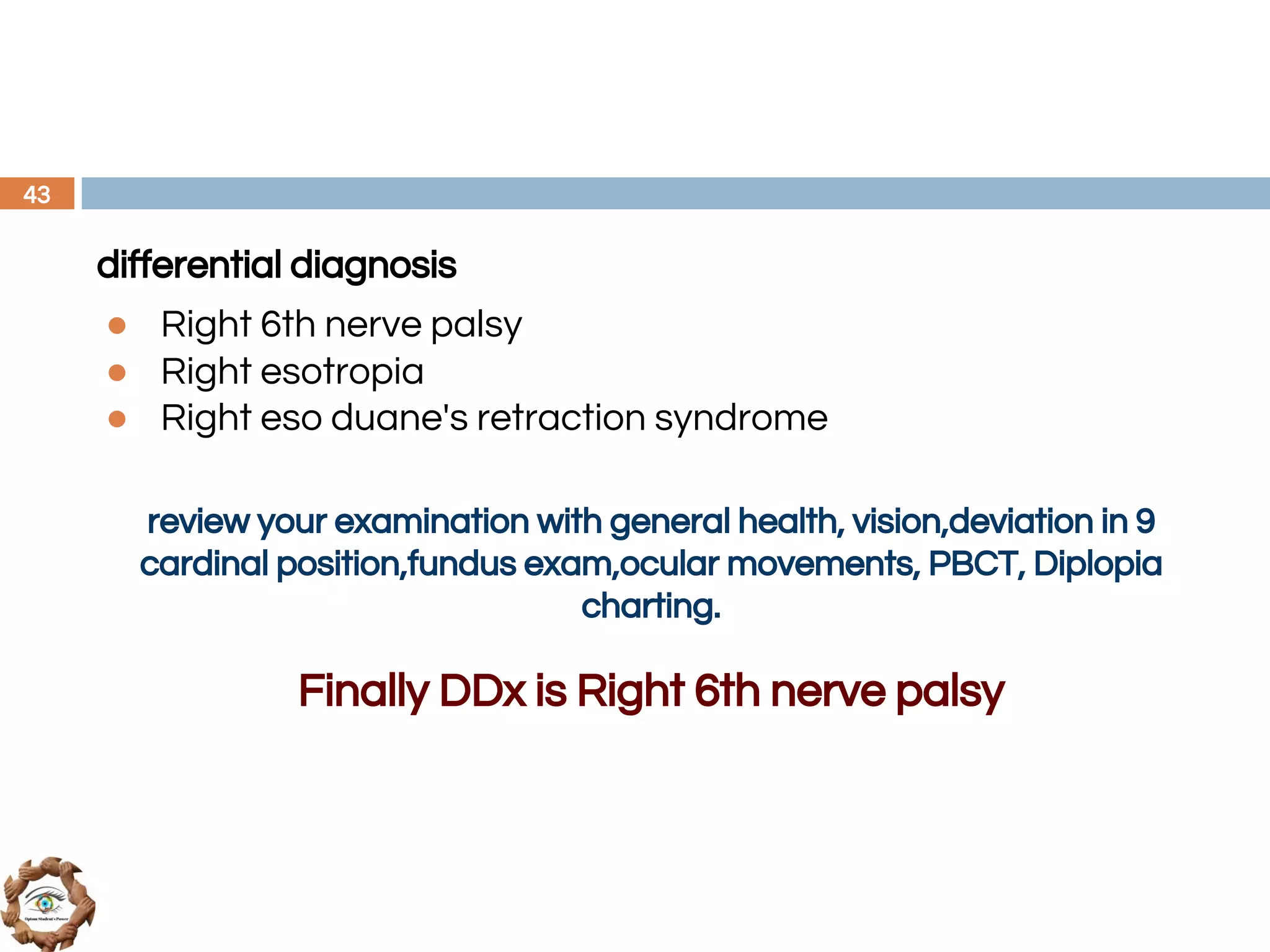 differential diagnosis
● Right 6th nerve palsy
● Right esotropia
● Right eso duane's retraction syndrome
review your examination with general health, vision,deviation in 9
cardinal position,fundus exam,ocular movements, PBCT, Diplopia
charting.
Finally DDx is Right 6th nerve palsy
43
 