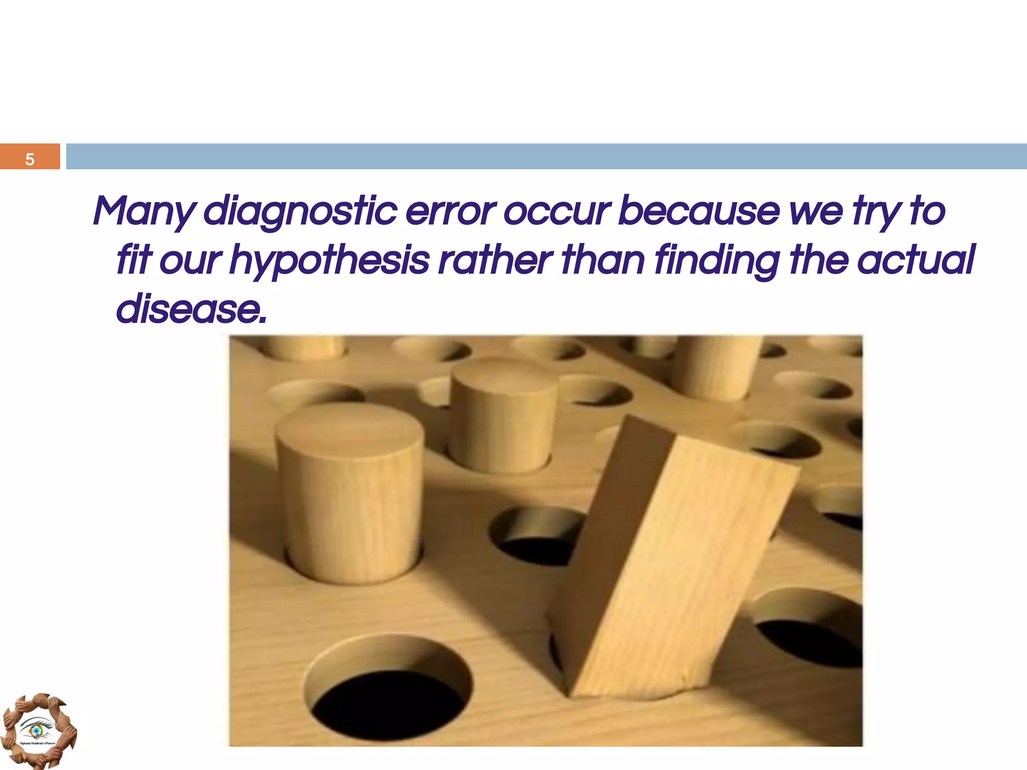 Many diagnostic error occur because we try to
fit our hypothesis rather than finding the actual
disease.
5
 