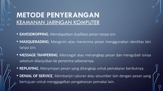 METODE PENYERANGAN
KEAMANAN JARINGAN KOMPUTER
• EAVESDROPPING, Mendapatkan duplikasi pesan tanpa izin.
• MASQUERADING, Mengirim atau menerima pesan menggunakan identitas lain
tanpa izin.
• MESSAGE TAMPERING, Mencegat atau menangkap pesan dan mengubah isinya
sebelum dilanjutkan ke penerima sebenarnya.
• REPLAYING, Menyimpan pesan yang ditangkap untuk pemakaian berikutnya.
• DENIAL OF SERVICE, Membanjiri saluran atau sesumber lain dengan pesan yang
bertujuan untuk menggagalkan pengaksesan pemakai lain.
 