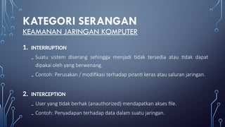 KATEGORI SERANGAN
KEAMANAN JARINGAN KOMPUTER
1. INTERRUPTION
₋ Suatu sistem diserang sehingga menjadi tidak tersedia atau tidak dapat
dipakai oleh yang berwenang.
₋ Contoh: Perusakan / modifikasi terhadap piranti keras atau saluran jaringan.
2. INTERCEPTION
₋ User yang tidak berhak (anauthorized) mendapatkan akses file.
₋ Contoh: Penyadapan terhadap data dalam suatu jaringan.
 