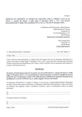 Fondo di garanzia prima casa: protocollo d'intesa MEF-ABI del 9 ottobre 2014