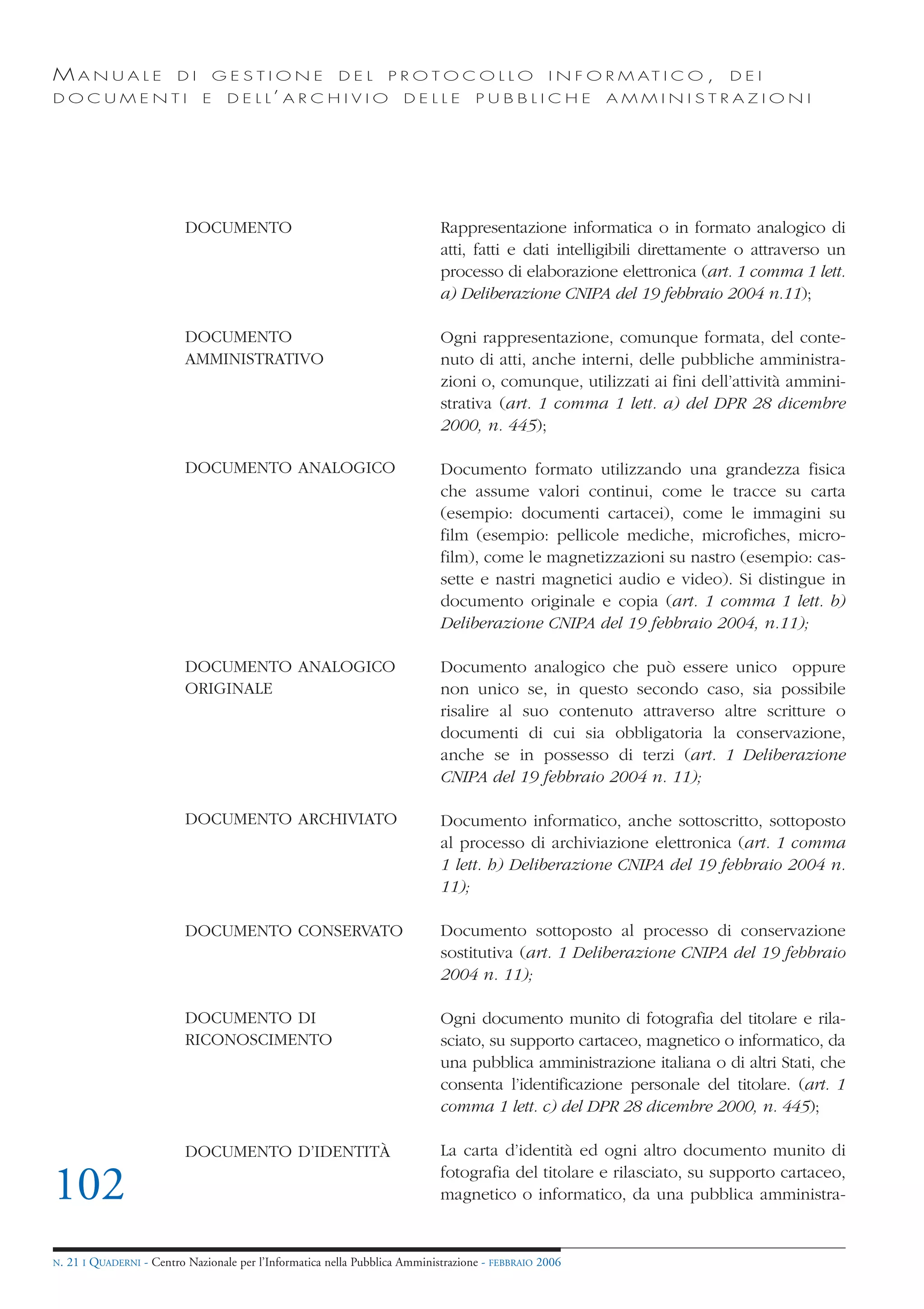 MANUALE                   DI       GESTIONE               DEL       PROTOCOLLO                     I N F O R M AT I C O ,   DEI
DOCUMENTI                      E    D E L L’ A R C H I V I O           DELLE         PUBBLICHE            AMMINISTRAZIONI




                            DOCUMENTO                                         Rappresentazione informatica o in formato analogico di
                                                                              atti, fatti e dati intelligibili direttamente o attraverso un
                                                                              processo di elaborazione elettronica (art. 1 comma 1 lett.
                                                                              a) Deliberazione CNIPA del 19 febbraio 2004 n.11);

                            DOCUMENTO                                         Ogni rappresentazione, comunque formata, del conte-
                            AMMINISTRATIVO                                    nuto di atti, anche interni, delle pubbliche amministra-
                                                                              zioni o, comunque, utilizzati ai fini dell’attività ammini-
                                                                              strativa (art. 1 comma 1 lett. a) del DPR 28 dicembre
                                                                              2000, n. 445);

                            DOCUMENTO ANALOGICO                               Documento formato utilizzando una grandezza fisica
                                                                              che assume valori continui, come le tracce su carta
                                                                              (esempio: documenti cartacei), come le immagini su
                                                                              film (esempio: pellicole mediche, microfiches, micro-
                                                                              film), come le magnetizzazioni su nastro (esempio: cas-
                                                                              sette e nastri magnetici audio e video). Si distingue in
                                                                              documento originale e copia (art. 1 comma 1 lett. b)
                                                                              Deliberazione CNIPA del 19 febbraio 2004, n.11);

                            DOCUMENTO ANALOGICO                               Documento analogico che può essere unico oppure
                            ORIGINALE                                         non unico se, in questo secondo caso, sia possibile
                                                                              risalire al suo contenuto attraverso altre scritture o
                                                                              documenti di cui sia obbligatoria la conservazione,
                                                                              anche se in possesso di terzi (art. 1 Deliberazione
                                                                              CNIPA del 19 febbraio 2004 n. 11);

                            DOCUMENTO ARCHIVIATO                              Documento informatico, anche sottoscritto, sottoposto
                                                                              al processo di archiviazione elettronica (art. 1 comma
                                                                              1 lett. h) Deliberazione CNIPA del 19 febbraio 2004 n.
                                                                              11);

                            DOCUMENTO CONSERVATO                              Documento sottoposto al processo di conservazione
                                                                              sostitutiva (art. 1 Deliberazione CNIPA del 19 febbraio
                                                                              2004 n. 11);

                            DOCUMENTO DI                                      Ogni documento munito di fotografia del titolare e rila-
                            RICONOSCIMENTO                                    sciato, su supporto cartaceo, magnetico o informatico, da
                                                                              una pubblica amministrazione italiana o di altri Stati, che
                                                                              consenta l’identificazione personale del titolare. (art. 1
                                                                              comma 1 lett. c) del DPR 28 dicembre 2000, n. 445);

                            DOCUMENTO D’IDENTITÀ                              La carta d’identità ed ogni altro documento munito di

102                                                                           fotografia del titolare e rilasciato, su supporto cartaceo,
                                                                              magnetico o informatico, da una pubblica amministra-


N.   21 I QUADERNI - Centro Nazionale per l’Informatica nella Pubblica Amministrazione - FEBBRAIO 2006
 