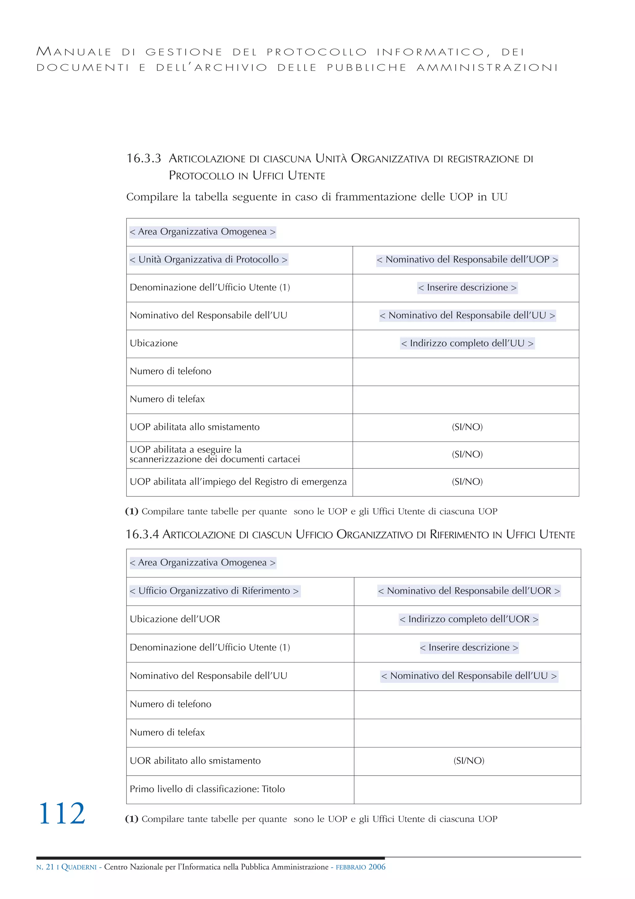 MANUALE                   DI       GESTIONE               DEL       PROTOCOLLO                     I N F O R M AT I C O ,        DEI
DOCUMENTI                      E    D E L L’ A R C H I V I O           DELLE         PUBBLICHE              AMMINISTRAZIONI




                           16.3.3 ARTICOLAZIONE DI CIASCUNA UNITÀ ORGANIZZATIVA                                 DI REGISTRAZIONE DI
                                  PROTOCOLLO IN UFFICI UTENTE
                           Compilare la tabella seguente in caso di frammentazione delle UOP in UU

                            < Area Organizzativa Omogenea >

                            < Unità Organizzativa di Protocollo >                                  < Nominativo del Responsabile dell’UOP >

                            Denominazione dell’Ufficio Utente (1)                                            < Inserire descrizione >

                            Nominativo del Responsabile dell’UU                                     < Nominativo del Responsabile dell’UU >

                            Ubicazione                                                                   < Indirizzo completo dell’UU >

                            Numero di telefono

                            Numero di telefax

                            UOP abilitata allo smistamento                                                           (SI/NO)

                            UOP abilitata a eseguire la                                                              (SI/NO)
                            scannerizzazione dei documenti cartacei

                            UOP abilitata all’impiego del Registro di emergenza                                      (SI/NO)


                           (1) Compilare tante tabelle per quante sono le UOP e gli Uffici Utente di ciascuna UOP

                           16.3.4 ARTICOLAZIONE DI CIASCUN UFFICIO ORGANIZZATIVO DI RIFERIMENTO IN UFFICI UTENTE

                            < Area Organizzativa Omogenea >

                            < Ufficio Organizzativo di Riferimento >                               < Nominativo del Responsabile dell’UOR >

                            Ubicazione dell’UOR                                                          < Indirizzo completo dell’UOR >

                            Denominazione dell’Ufficio Utente (1)                                            < Inserire descrizione >

                            Nominativo del Responsabile dell’UU                                     < Nominativo del Responsabile dell’UU >

                            Numero di telefono

                            Numero di telefax

                            UOR abilitato allo smistamento                                                           (SI/NO)

                            Primo livello di classificazione: Titolo


112                        (1) Compilare tante tabelle per quante sono le UOP e gli Uffici Utente di ciascuna UOP



N.   21 I QUADERNI - Centro Nazionale per l’Informatica nella Pubblica Amministrazione - FEBBRAIO 2006
 