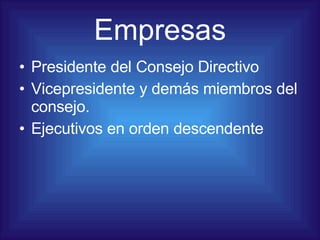 Empresas Presidente del Consejo Directivo Vicepresidente y demás miembros del consejo. Ejecutivos en orden descendente 