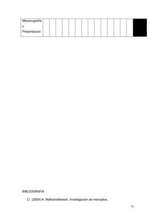 Mecanografía
y
Presentación




BIBLIOGRAFIA

     (2004) K. MalhotraNaresh. Investigación de mercados.

                                                             10
 