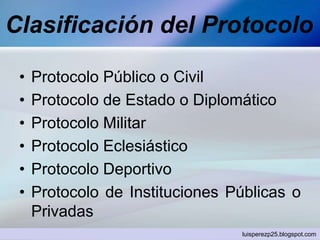 Clasificación del Protocolo
• Protocolo Público o Civil
• Protocolo de Estado o Diplomático
• Protocolo Militar
• Protocolo Eclesiástico
• Protocolo Deportivo
• Protocolo de Instituciones Públicas o
Privadas
luisperezp25.blogspot.com
 