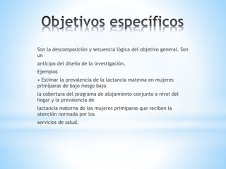Son la descomposición y secuencia lógica del objetivo general. Son
un
anticipo del diseño de la investigación.
Ejemplos
• Estimar la prevalencia de la lactancia materna en mujeres
primíparas de bajo riesgo bajo
la cobertura del programa de alojamiento conjunto a nivel del
hogar y la prevalencia de
lactancia materna de las mujeres primíparas que reciben la
atención normada por los
servicios de salud.
 
