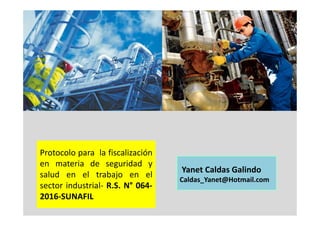 Protocolo para la fiscalización
en materia de seguridad y
salud en el trabajo en el
sector industrial- R.S. N° 064-
2016-SUNAFIL
Yanet Caldas Galindo
Caldas_Yanet@Hotmail.com
 