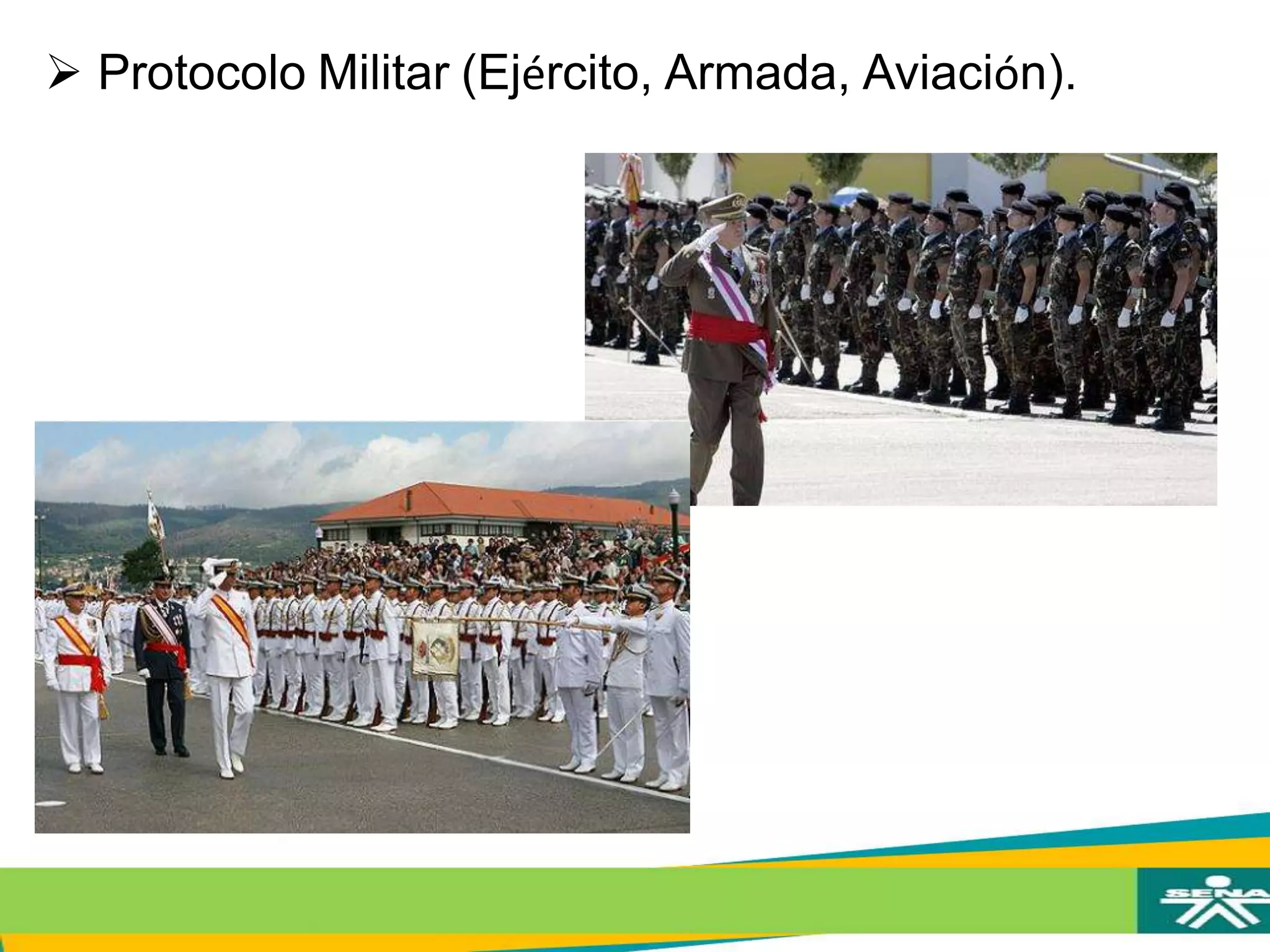  Protocolo Militar (Ejército, Armada, Aviación).
 