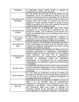 Ambiental en Estocolmo, Suecia (1972), donde se debatió la
importancia de cuidar el medio ambiente.
Día mundial de los
Humedales
El 2 de febrero de cada año es el Día Mundial de los
Humedales y en él se conmemora la fecha en que se
adoptó la Convención sobre los Humedales, el 2 de febrero
de 1971. Los humedales son zonas en donde el agua es el
principal factor que controla el ambiente, así como la
vegetación y fauna asociada. Existen en donde la capa
freática se encuentra en o cerca de la superficie del terreno
o donde el terreno está cubierto por agua.
Día mundial de la
Energía
El Día Mundial de la Energía debe servir para crear
conciencia en la sociedad de la importancia del uso
racional de energía y de la obtención de las mismas por
fuentes de energías limpias que la naturaleza ofrece como
el sol y el agua.
Día Forestal
mundial
El Día Forestal Mundial está dedicado a destacar la
importancia de los recursos forestales, que contribuyen al
desarrollo de todas las especies, incluido el ser humano.
Día mundial del
Agua
El 22 de marzo es una oportunidad de aprender más sobre
temas relacionados con el agua, sirve de inspiración para
compartir los problemas relacionados con el agua y tomar
medidas para cambiar la situación.
Día Meteorológico
mundial
Conmemora la fecha del 23 de Marzo de 1950 en la que se
constituyó formalmente la Organización Meteorológica
Mundial (OMM) con la firma del convenio de sus primeros
treinta miembros. Sus fines son la cooperación
internacional en servicios y observaciones meteorológicos,
promover el intercambio rápido de información
meteorológica, la normalización de las observaciones
meteorológicas y la publicación uniforme de observaciones
y estadísticas.
Día de la Tierra
La celebración del día de la tierra, busca crear conciencia
común a problemas ambientales, como la contaminación, la
conservación de la biodiversidad y otras preocupaciones
ambientales.
Día de la Minería
El 7 de mayo se conmemora el día de la minería, en
homenaje a la primera Ley de Fomento Minero sancionada
el 7 de mayo de 1813 por la Asamblea Constituyente, a
propuesta de la Junta de Gobierno.
Día internacional de
las Aves
Día Mundial de las Aves Migratorias (WMBD) se inició en
2006 y es una campaña anual de sensibilización
destacando la necesidad de la conservación de las aves
migratorias y sus hábitats. Tiene un alcance global y es
una herramienta eficaz para ayudar a aumentar la
conciencia mundial de las amenazas que enfrentan las
aves migratorias, su importancia ecológica, y la necesidad
 