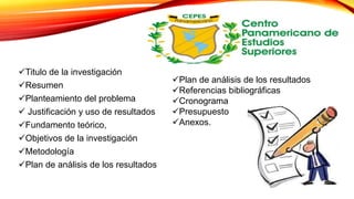 Titulo de la investigación
Resumen
Planteamiento del problema
 Justificación y uso de resultados
Fundamento teórico,
Objetivos de la investigación
Metodología
Plan de análisis de los resultados
Plan de análisis de los resultados
Referencias bibliográficas
Cronograma
Presupuesto
Anexos.
 