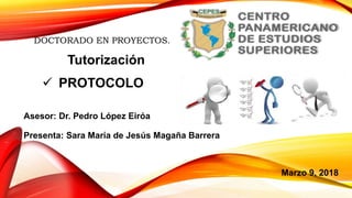  PROTOCOLO
Tutorización
Asesor: Dr. Pedro López Eiróa
Presenta: Sara María de Jesús Magaña Barrera
Marzo 9, 2018
DOCTORADO EN PROYECTOS.
 