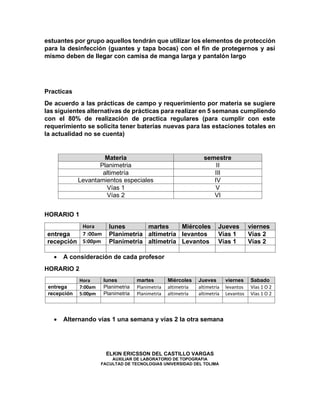 estuantes por grupo aquellos tendrán que utilizar los elementos de protección
para la desinfección (guantes y tapa bocas) con el fin de protegernos y así
mismo deben de llegar con camisa de manga larga y pantalón largo
Practicas
De acuerdo a las prácticas de campo y requerimiento por materia se sugiere
las siguientes alternativas de prácticas para realizar en 5 semanas cumpliendo
con el 80% de realización de practica regulares (para cumplir con este
requerimiento se solicita tener baterías nuevas para las estaciones totales en
la actualidad no se cuenta)
Materia semestre
Planimetria II
altimetría III
Levantamientos especiales IV
Vías 1 V
Vías 2 VI
HORARIO 1
Hora lunes martes Miércoles Jueves viernes
entrega 7 :00am Planimetria altimetría levantos Vías 1 Vías 2
recepción 5:00pm Planimetria altimetría Levantos Vías 1 Vías 2
• A consideración de cada profesor
HORARIO 2
Hora lunes martes Miércoles Jueves viernes Sabado
entrega 7:00am Planimetria Planimetria altimetría altimetría levantos Vías 1 O 2
recepción 5:00pm Planimetria Planimetria altimetría altimetría Levantos Vías 1 O 2
• Alternando vías 1 una semana y vías 2 la otra semana
ELKIN ERICSSON DEL CASTILLO VARGAS
AUXILIAR DE LABORATORIO DE TOPOGRAFIA
FACULTAD DE TECNOLOGIAS UNIVERSIDAD DEL TOLIMA
 