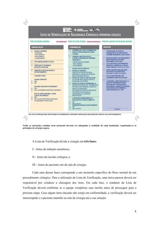 4
Todas as instruções contidas neste protocolo deverão ser adequadas à realidade de cada instituição, respeitando-se os
princípios de cirurgia segura.
A Lista de Verificação divide a cirurgia em três fases:
I - Antes da indução anestésica;
II - Antes da incisão cirúrgica; e
III - Antes do paciente sair da sala de cirurgia.
Cada uma dessas fases corresponde a um momento específico do fluxo normal de um
procedimento cirúrgico. Para a utilização da Lista de Verificação, uma única pessoa deverá ser
responsável por conduzir a checagem dos itens. Em cada fase, o condutor da Lista de
Verificação deverá confirmar se a equipe completou suas tarefas antes de prosseguir para a
próxima etapa. Caso algum item checado não esteja em conformidade, a verificação deverá ser
interrompida e o paciente mantido na sala de cirurgia até a sua solução.
 