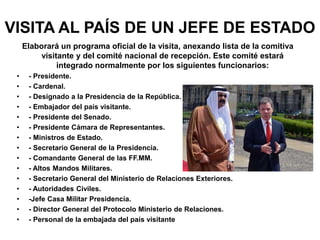VISITA AL PAÍS DE UN JEFE DE ESTADO
Elaborará un programa oficial de la visita, anexando lista de la comitiva
visitante y del comité nacional de recepción. Este comité estará
integrado normalmente por los siguientes funcionarios:
• - Presidente.
• - Cardenal.
• - Designado a la Presidencia de la República.
• - Embajador del país visitante.
• - Presidente del Senado.
• - Presidente Cámara de Representantes.
• - Ministros de Estado.
• - Secretario General de la Presidencia.
• - Comandante General de las FF.MM.
• - Altos Mandos Militares.
• - Secretario General del Ministerio de Relaciones Exteriores.
• - Autoridades Civiles.
• -Jefe Casa Militar Presidencia.
• - Director General del Protocolo Ministerio de Relaciones.
• - Personal de la embajada del país visitante
 