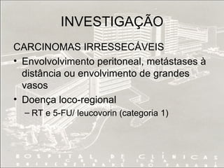 INVESTIGAÇÃO CARCINOMAS IRRESSECÁVEIS Envolvolvimento peritoneal, metástases à distância ou envolvimento de grandes vasos Doença loco-regional RT e 5-FU/ leucovorin (categoria 1) 