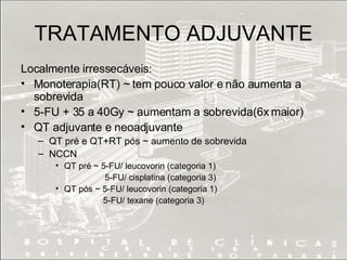TRATAMENTO ADJUVANTE Localmente irressecáveis: Monoterapia(RT) ~ tem pouco valor e não aumenta a sobrevida 5-FU + 35 a 40Gy ~ aumentam a sobrevida(6x maior) QT adjuvante e neoadjuvante QT pré e QT+RT pós ~ aumento de sobrevida NCCN QT pré ~ 5-FU/ leucovorin (categoria 1)   5-FU/ cisplatina (categoria 3) QT pós ~ 5-FU/ leucovorin (categoria 1)   5-FU/ texane (categoria 3)   
