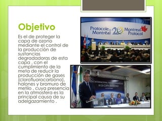 Objetivo
Es el de proteger la
capa de ozono
mediante el control de
la producción de
sustancias
degradadoras de esta
capa , con el
cumplimiento de la
meta de reducir la
producción de gases
(clorofluorocarbono),
halones y bromuro de
metilo , cuya presencia
en la atmosfera es la
principal causa de su
adelgazamiento .
 