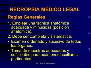 Reglas Generales. 1. Emplear una técnica anatómica adecuada y minuciosa (posición anatómica). 2. Debe ser completa y sistemática: Examen ordenado y sucesivo de todos los órganos. Toma de muestras adecuadas y suficientes para exámenes auxiliares pertinentes. … NECROPSIA MÉDICO LEGAL 
