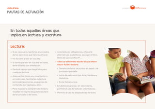 - 8 -
DISLEXIA
PAUTAS DE ACTUACIÓN
Lectura:
» Si es necesario, leerle los enunciados
de los ejercicios que tiene qué hacer.
» No forzarle a leer en voz alta.
» Si tiene que leer en voz alta en clase,
darle el texto con antelación.
» Darle el tiempo que haga falta para
cualquier lectura.
» Adecuar los libros a su nivel lector o,
en todo caso, facilitarles la lectura
(anticipar resúmenes, esquemas de
contenido por capítulos, etc.).
» Para mejorar la comprensión lectora
resaltar en negrita las palabras clave
del enunciado o del texto.
En todas aquellas áreas que
impliquen lectura y escritura
» Ante lecturas obligatorias, ofrecerle
alternativas: audiolibros, escoger el libro,
libros de Lectura Fácil®…
» Adecuar el formato escrito al que ofrece
mayor fluidez lectora:
» Tamaño de letra: 14 puntos en papel y 18
puntos en pantalla.
» Letra de palo seco tipo Arial, Verdana y
Helvética.
» Evitar letra cursiva.
» En dislexias graves y en secundaria,
permitir el uso de lectores informáticos.
» Permitir el uso de adaptadores de texto.
 
