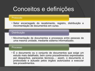 Conceitos e definições
Protocolo

• Setor encarregado do recebimento, registro, distribuição e
  movimentação de documentos em curso.

Distribuição

• Movimentação de documentos e processos entre pessoas de
  uma mesma unidade, mediante sistema informatizado.

Processo

• É o documento ou o conjunto de documentos que exige um
  estudo mais detalhado, bem como procedimentos expressados
  por despachos, pareceres técnicos...: assim, o documento é
  protocolado e autuado pelos órgãos autorizados a executar
  tais procedimentos.
 