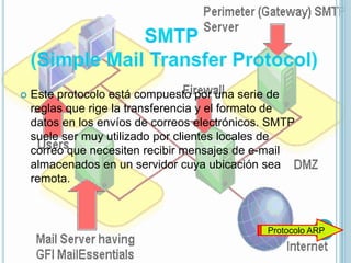    Este protocolo está compuesto por una serie de
    reglas que rige la transferencia y el formato de
    datos en los envíos de correos electrónicos. SMTP
    suele ser muy utilizado por clientes locales de
    correo que necesiten recibir mensajes de e-mail
    almacenados en un servidor cuya ubicación sea
    remota.



                                               Protocolo ARP
 
