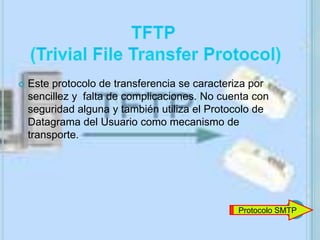    Este protocolo de transferencia se caracteriza por
    sencillez y falta de complicaciones. No cuenta con
    seguridad alguna y también utiliza el Protocolo de
    Datagrama del Usuario como mecanismo de
    transporte.




                                               Protocolo SMTP
 