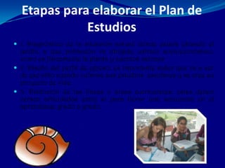 Etapas para elaborar el Plan de
             Estudios
 1. Diagnóstico de la situación actual: donde estará ubicado el
  jardín, a que población va dirigida, estrato socioeconómico,
  como es físicamente la planta y cuantos salones
 2. Diseño del perfil de egreso: es importante saber que va a ser
  de ese niño cuando culmine sus estudios escolares y se cree su
  proyecto de vida.
 3. Distinción de las líneas o áreas curriculares: estas deben
  versen articuladas entre si para llevar una secuencia en el
  aprendizaje grado a grado.
 