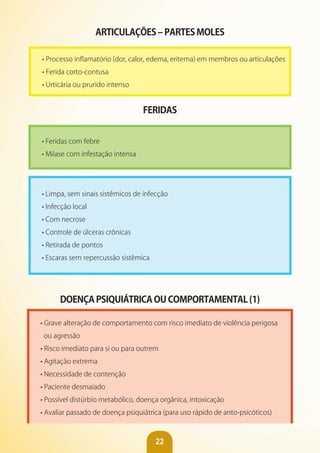 22
ARTICULAÇõES – PARTES MOLES
• Processo inflamatório (dor, calor, edema, eritema) em membros ou articulações
• Ferida corto-contusa
• Urticária ou prurido intenso
FERIDAS
• Feridas com febre
• Miiase com infestação intensa
• Limpa, sem sinais sistêmicos de infecção
• Infecção local
• Com necrose
• Controle de úlceras crônicas
• Retirada de pontos
• Escaras sem repercussão sistêmica
DOENÇA PSIQUIáTRICA OU COMPORTAMENTAL (1)
• Grave alteração de comportamento com risco imediato de violência perigosa
ou agressão
• Risco imediato para si ou para outrem
• Agitação extrema
• Necessidade de contenção
• Paciente desmaiado
• Possível distúrbio metabólico, doença orgãnica, intoxicação
• Avaliar passado de doença psiquiátrica (para uso rápido de anto-psicóticos)
 