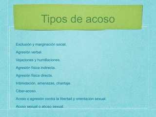 Tipos de acoso
Exclusión y marginación social.
Agresión verbal.
Vejaciones y humillaciones.
Agresión física indirecta.
Agresión física directa.
Intimidación, amenazas, chantaje.
Ciber-acoso.
Acoso o agresión contra la libertad y orientación sexual.
Acoso sexual o abuso sexual.
 