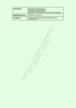Polo Passivo Descrição da pessoa pública:
PRESIDENTE DA REPÚBLICA
Descrição da pessoa pública:
MINISTRO DE ESTADO DAS RELAÇÕES EXTERIORES
Data/Hora do Envio 13/03/2021, às 12:05:16
Enviado por EUGENIO JOSE GUILHERME DE ARAGAO (CPF:
225.642.841-91)
I
m
p
r
e
s
s
o
p
o
r
:
2
2
5
.
6
4
2
.
8
4
1
-
9
1
2
8
3
0
8
/
2
0
2
1
E
m
:
1
3
/
0
3
/
2
0
2
1
-
1
2
:
0
5
:
1
9
 
