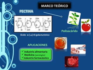 MARCO TEÓRICO
 Industria alimentaria
 Medicina (patologías)
Industria farmacéutica
APLICACIONES
Polisacárido
Ácido α-(1,4)-D-galacturónico
14
 