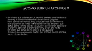 ¿CÓMO SUBIR UN ARCHIVOS ?
• Un usuario que quiere subir un archivo, primero crea un archivo
torrent y lo distribuye de forma convencional (páginas
web, correo electrónico, etc). Después hace que el archivo
esté disponible en la red a través de un nodo BitTorrent que
actúa como semilla (seed). Los usuarios que quieren descargar
el archivo, obtienen el archivo torrent y crean otro nodo
BitTorrent que actúa como cliente o "sanguijuela"
(leecher), intercambiando partes del archivo con la semilla
y con otros clientes.
 