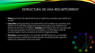 ESTRUCTURA DE UNA RED BITTORRENT
• Peers (puntos): Se denomina así a todos los usuarios que están en
la red.
• Leechers (sanguijuelas): Se denomina así a todos los usuarios que
están en la red descargando el archivo pero que todavía no
tienen el archivo completo. Seeders (semillas): Son los usuarios de
la red que poseen el archivo completo, no limitado a ello al
usuario quien creó y publicó el torrent originalmente.
• Trackers (rastreadores): Un tracker de BitTorrent es un servidor
especial que contiene la información necesaria para que los
peers se conecten unos con otros
 