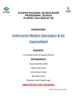 COLEGIO NACIONAL DE EDUCACION
PROFESIONAL TECNICA
PLANTEL VALLADOLID 105
ASIGNATURA:
DOCENTE:
L.E Alejandrina De Los Ángeles Álvarez
INTEGRANTES:
Cesar David Chuc Dzib
Edwin Pinto Cupul
Liliana Canul Cetzal
Ruth Mena Cruz
Marielena Anahí Borges lugo.
PROTOCOLO DE CESAREA
Jueves 13 De Febrero De 2014
 