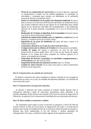 9
- Firma de un compromiso de convivencia en el que el agresor o agresores
se comprometan a cumplir con las medida reparadoras y a participar en
actividades y estrategias para mejorar sus habilidades en la utilización
correcta de Internet y la telefonía móvil.
- Puesta en conocimiento de los padres del alumnado implicado de que se
dará a conocer a los Servicios de Protección del Menor las situaciones en las
que existan evidencias claras de que alguno de los implicados haya sufrido
alguna de las situaciones derivadas del incumplimiento o del inadecuado
ejercicio de la patria potestad, contempladas en la Ley de Protección del
Menor.
- Realización de Trabajos en Beneficio de la Comunidad en horario lectivo
o no lectivo, previa autorización familiar.
- Solicitud de colaboración familiar para la vigilancia y control del uso de
Internet y el teléfono móvil de sus hijos e hijas.
- Imposición de un parte de incidencias por parte del tutor o tutora o la
Jefatura de Estudios.
- Actuaciones educativas en el aula de convivencia del centro.
- Comparecencia ante la Jefatura de Estudios de forma puntual o periódica.
- Cambio de grupo del agresor o agresores, en caso de que éstos
perteneciesen al mismo grupo físico. En el caso de que fueran de grupos
distintos se les exigirá que eviten compartir los mismos espacios en el
centro, en la medida de lo posible.
- Suspensión del derecho a participar en actividades complementarias y
extraescolares en lo que reste de curso.
- Suspensión del derecho de asistencia al centro entre 4 y 30 días.
- Cambio de centro docente en los casos muy graves y previa autorización
del Servicio de Inspección.
Paso 8. Comunicación a la comisión de convivencia.
El director o directora del centro trasladará el informe realizado tras la recogida de
información así como, en su caso, las medidas disciplinarias aplicadas, a la comisión de
convivencia del centro.
Paso 9. Comunicación a la inspección educativa.
El director o directora del centro realizará un informe donde figurará toda la
información obtenida a partir de entrevistas, documentos, datos obtenidos y las
medidas adoptadas. Dicho informe será remitido al Servicio Provincial de Inspección de
Educación, sin perjuicio de la comunicación inmediata del caso al principio del proceso.
Paso 10. Otras medidas y actuaciones a definir.
Tan importante como atajar el acoso es prevenir su presencia a través del Plan de
Acción Tutorial, el Plan de Convivencia, la organización del centro y la intervención
paliativa para ayudar al restablecimiento de la estructura moral del grupo de alumnos y
alumnas que estén manteniendo la ley del silencio o incluso apoyando las
ciberagresiones. Por tanto, se deberían realizar algunas de las siguientes acciones:
 